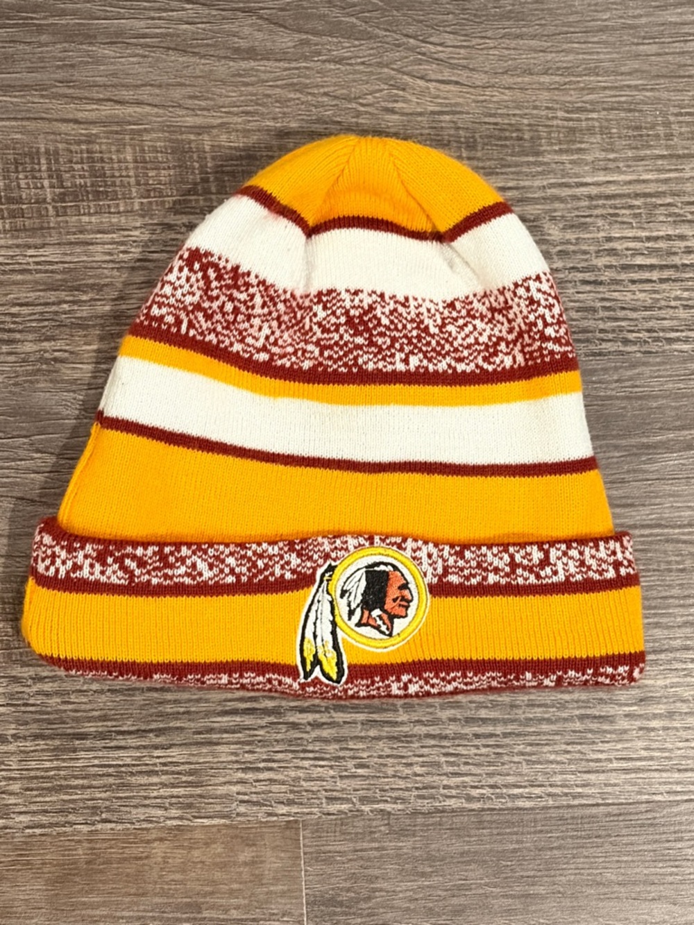 NFL Knit Cuffed Beanie in Yellow, White and Maroon with Team Patch